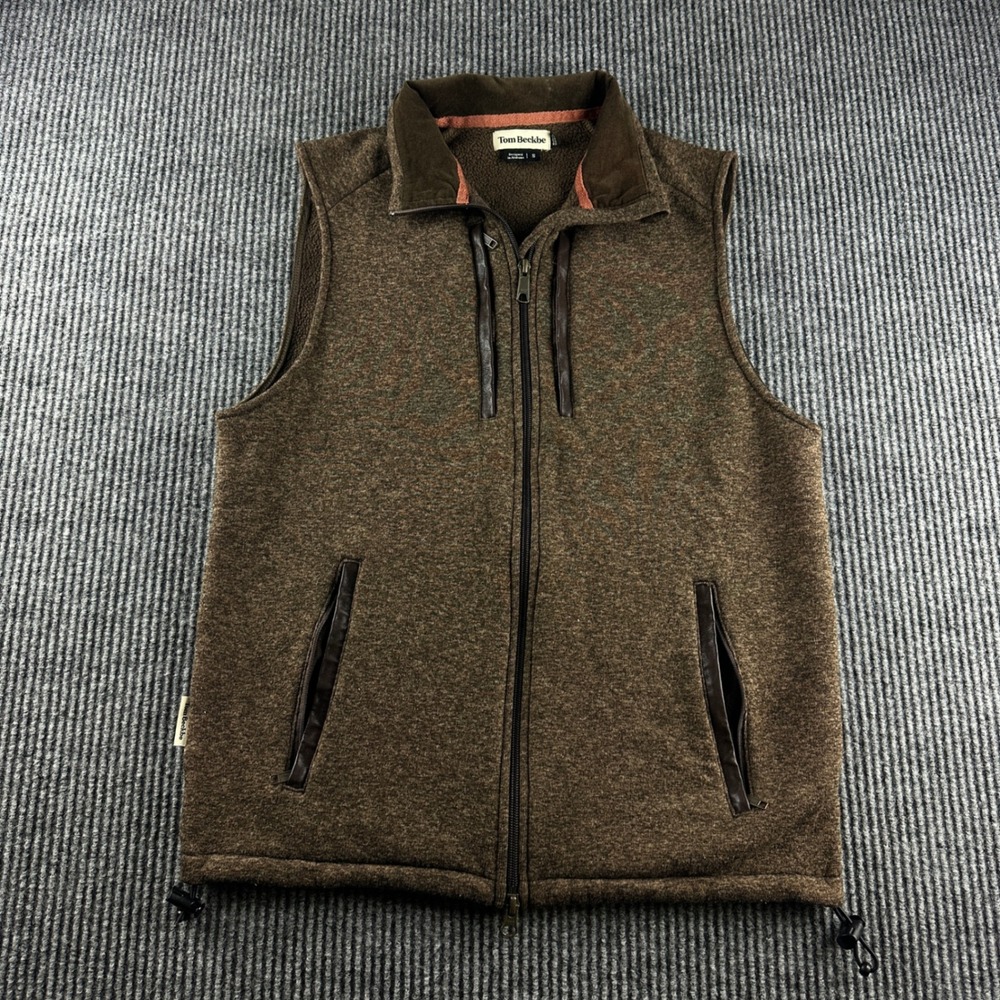 Tom Beckbe Mens Fleece Vest Brown Full Zip Leather Trim Size Small